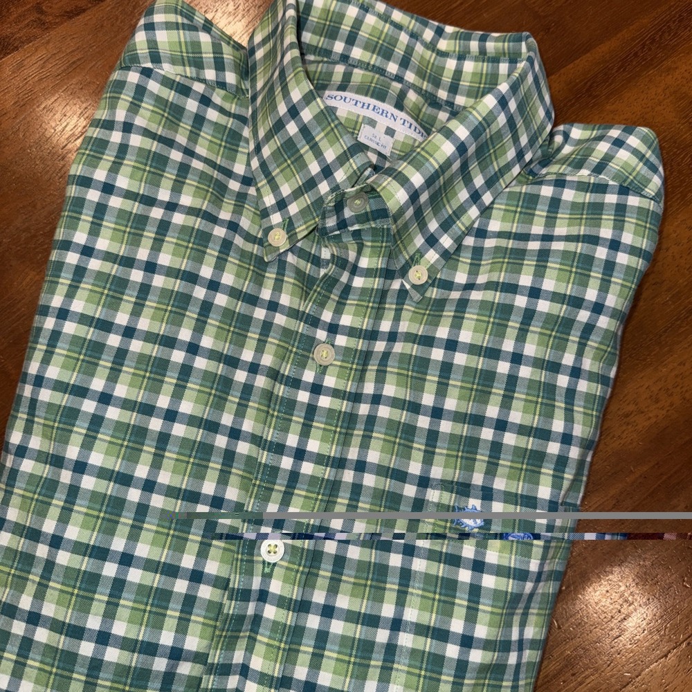 Southern Tide Button Down Shirt Mens Large Classic Fit Green Plaid L/S Cotton